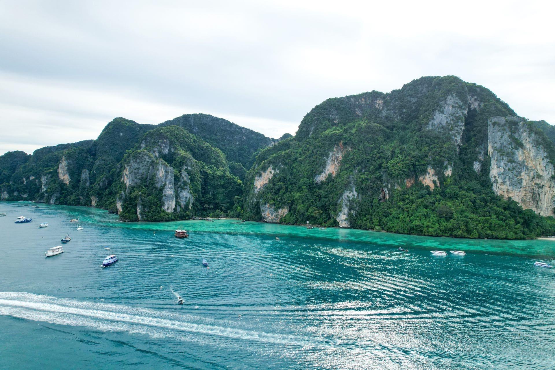 Aerial of the Phi Phi islands, cliffs and turquoise water